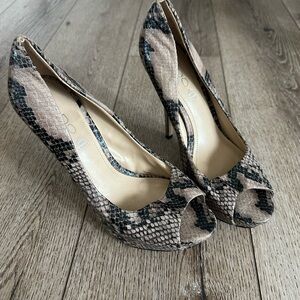 Aldo Snakeskin Peep Toe Heels - Tan and Black